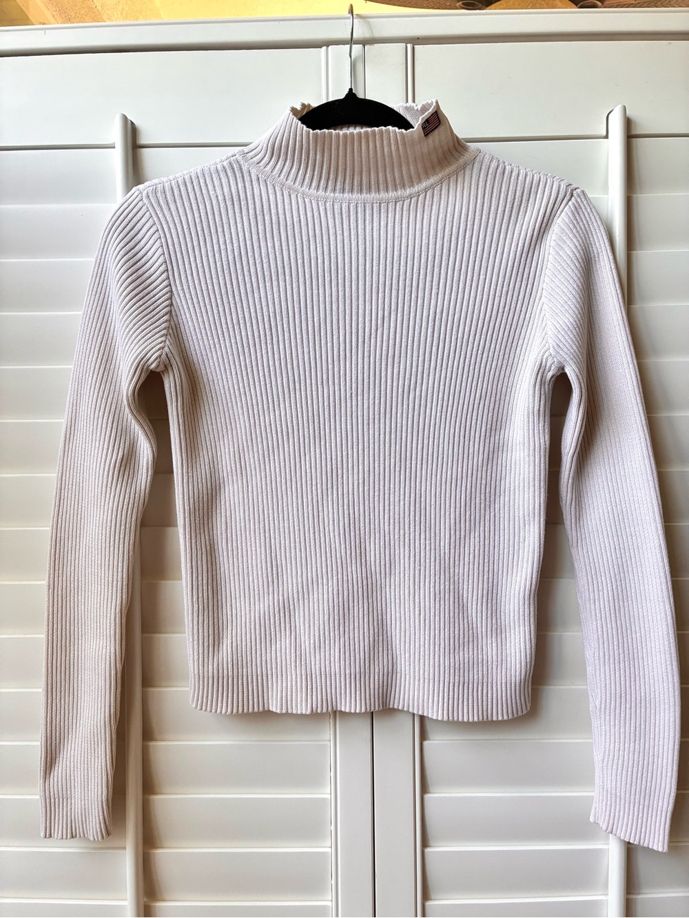 Vintage 80s polo jeans Ralph Lauren cream Rib-Knit Turtleneck Flag logo Patch S - Picture 2 of 14